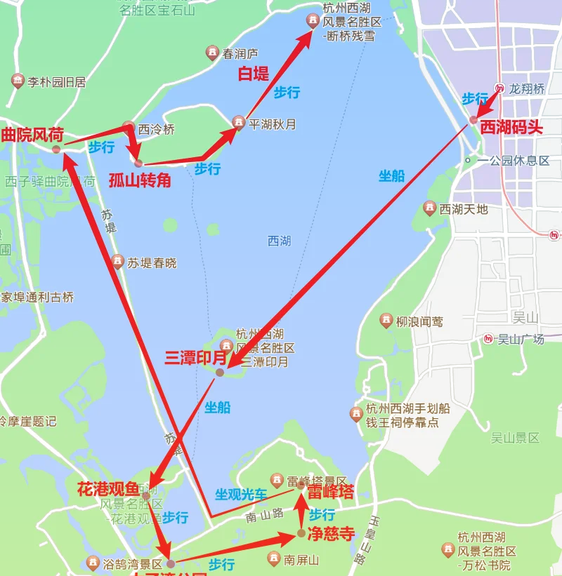 杭州西湖游览路线图片