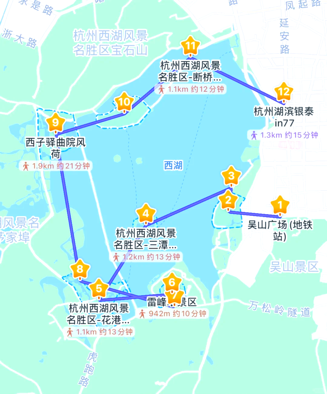 杭州西湖游览路线图片