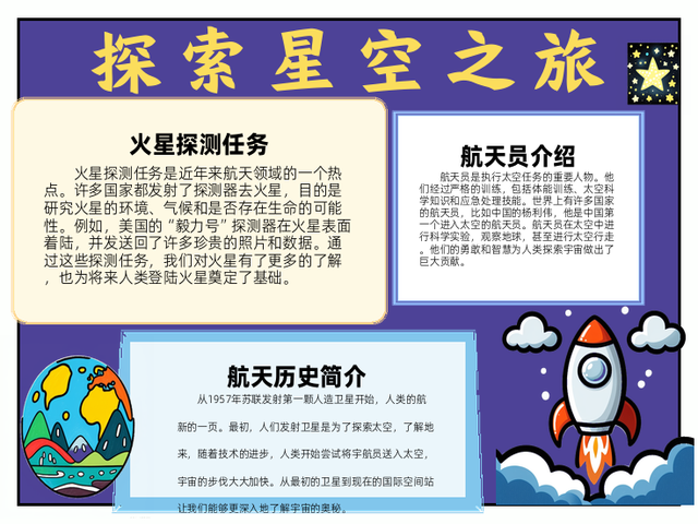 航天手抄报内容~探索星空之旅 从1957年苏联发射第一颗人造卫星开始