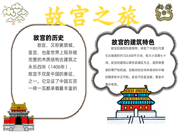 故宫手抄报模板~故宫之旅 故宫,又称紫禁城,是中国明清两代的皇宫